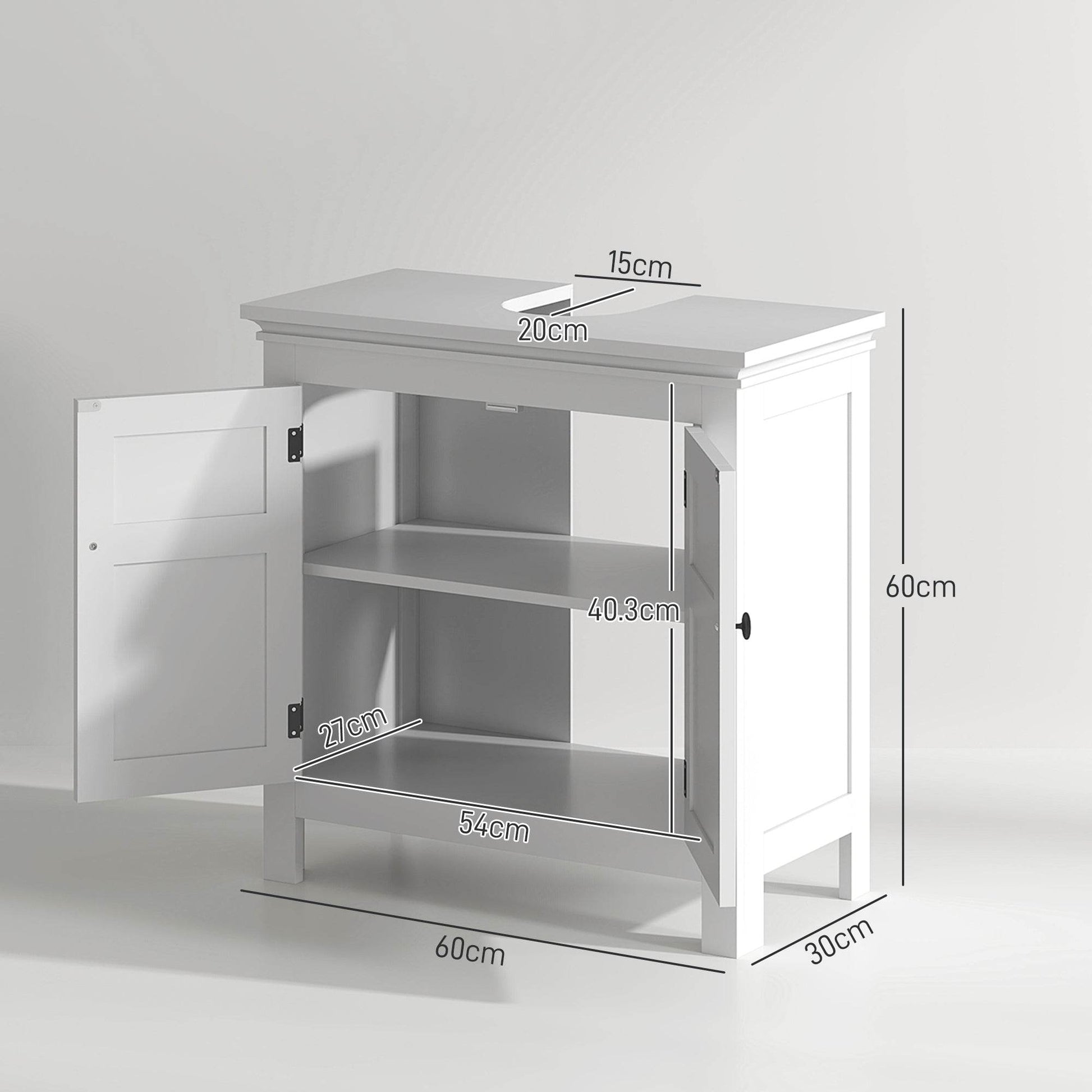 HOMCOM 60cm Under Sink Storage Cabinet with Adjustable Shelves - White Finish - ALL4U RETAILER LTD