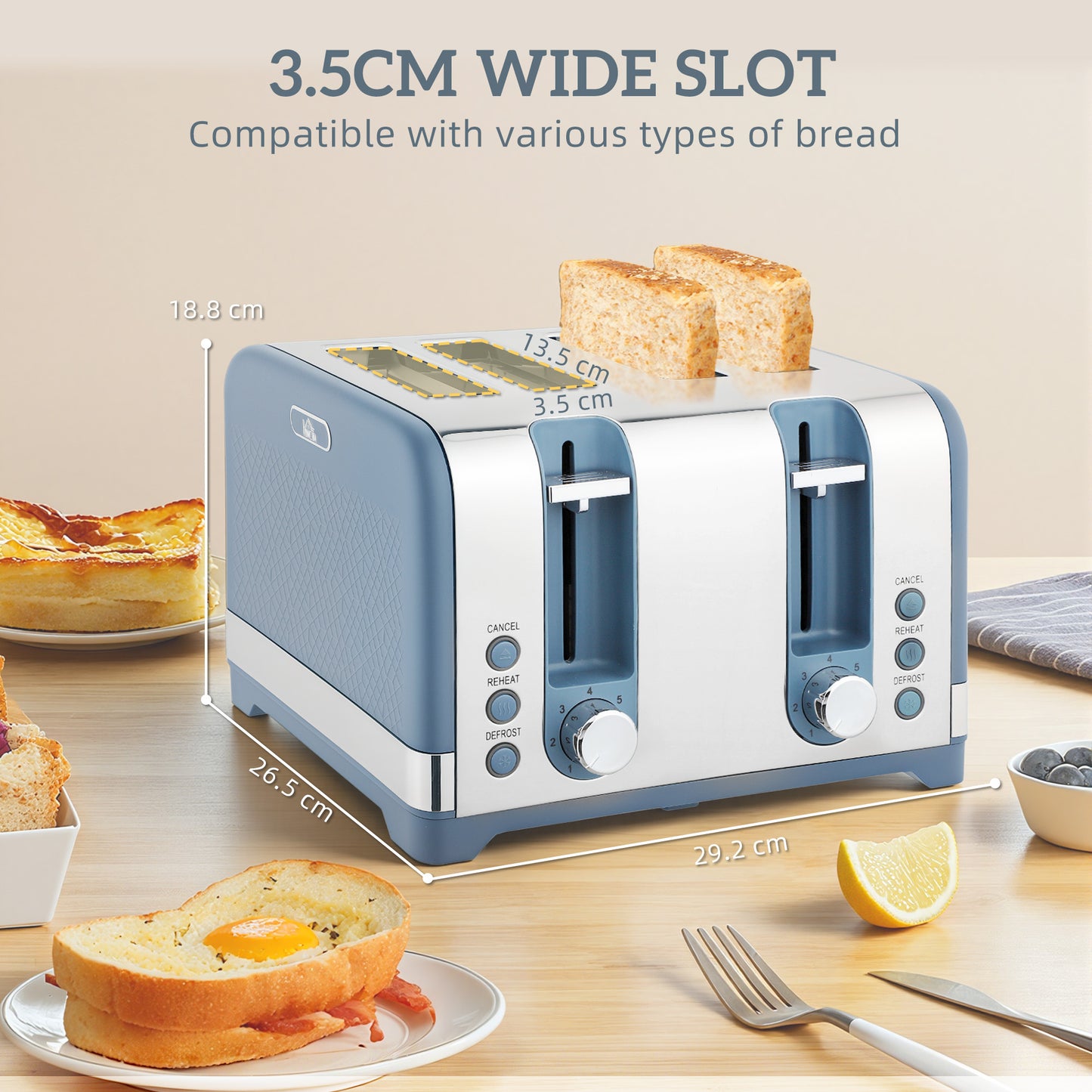 HOMCOM Kettle and Four Slice Toaster Set in Blue with Textured Finish and Otter Thermostat