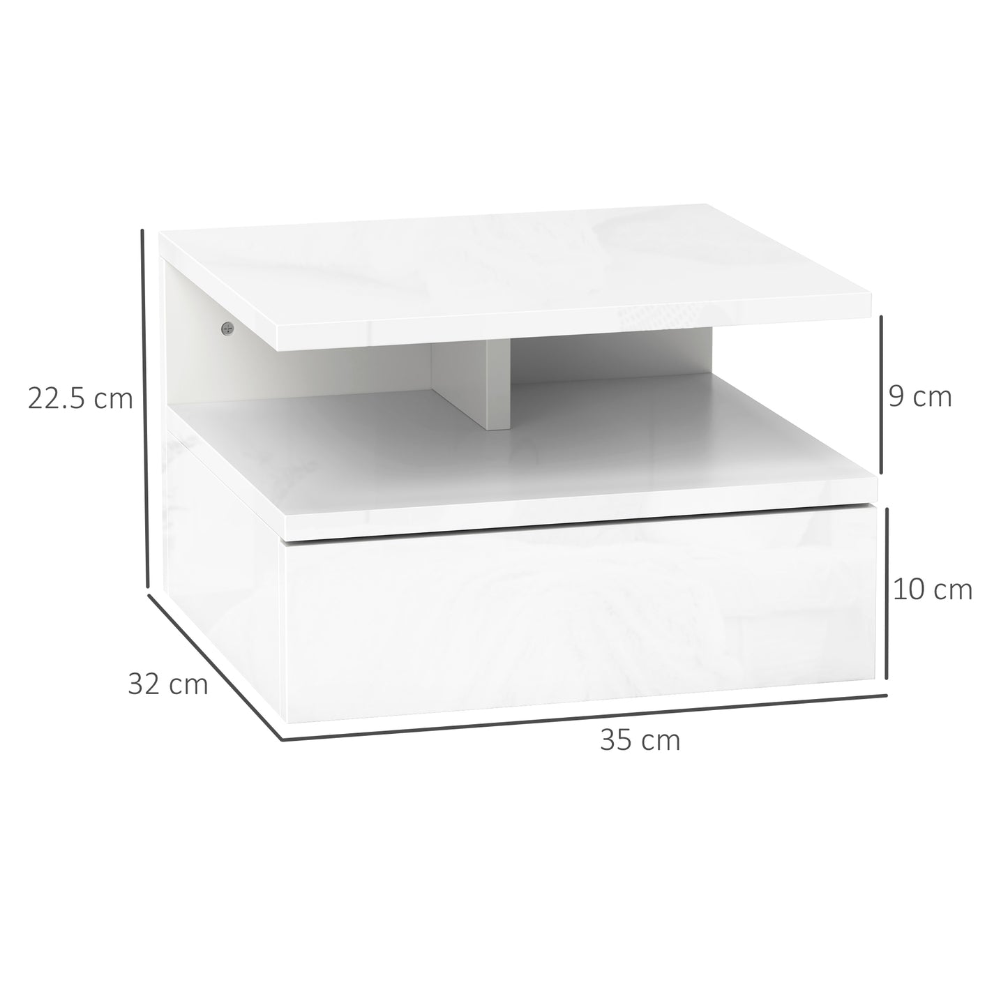 HOMCOM Floating High Gloss White Bedside Table With Pull Out Drawer And Open Shelf Wall Mounted Nightstand