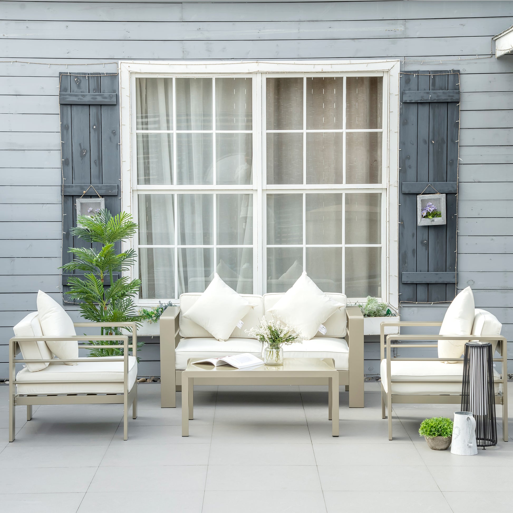 Outsunny Shic Champagne Gold 4-Piece Outdoor Garden Furniture Set with Cushions and Glass Table - ALL4U RETAILER LTD