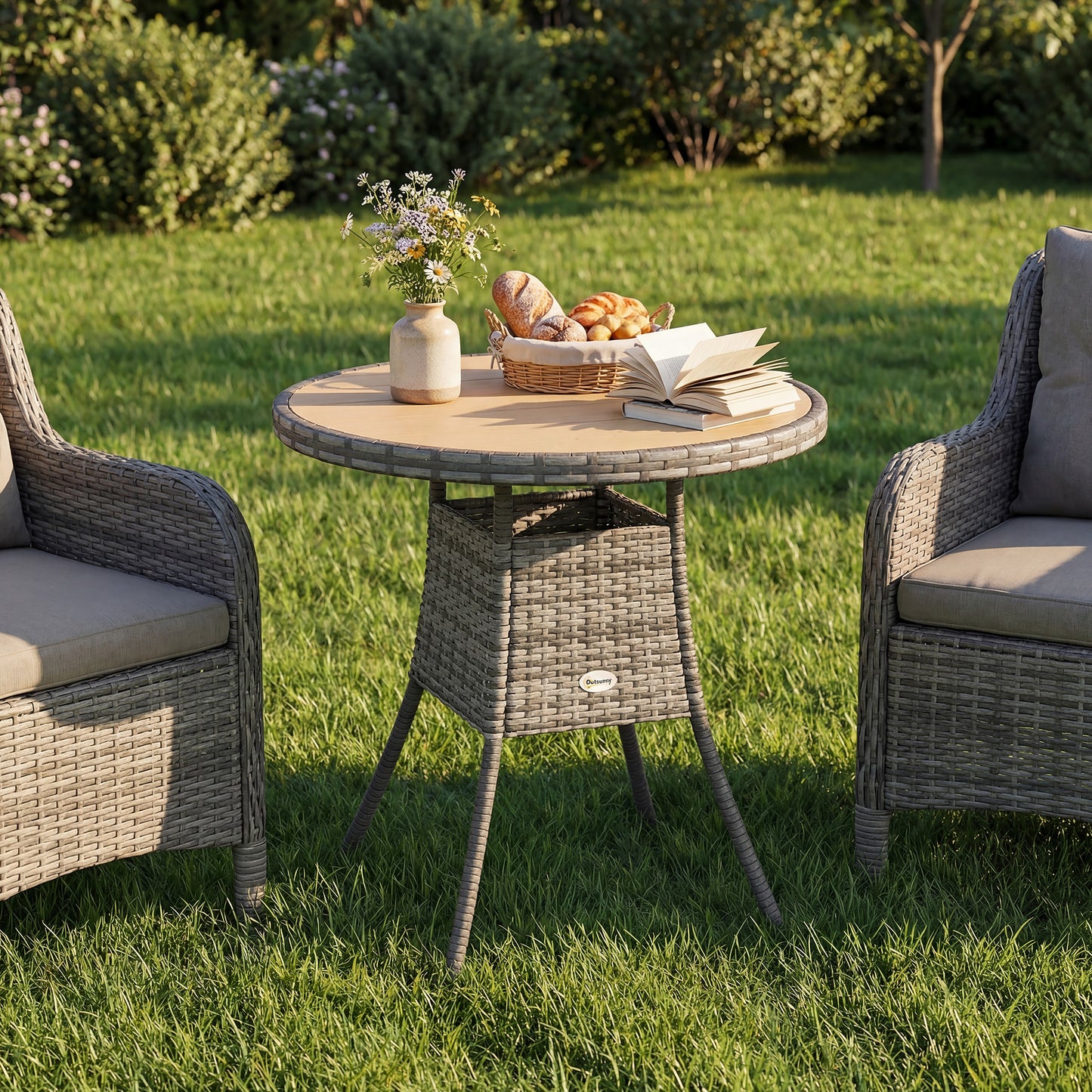 Outsunny 70 Cm Wood Effect Rattan Garden Table With Galvanised Steel Frame Natural Wood Finish