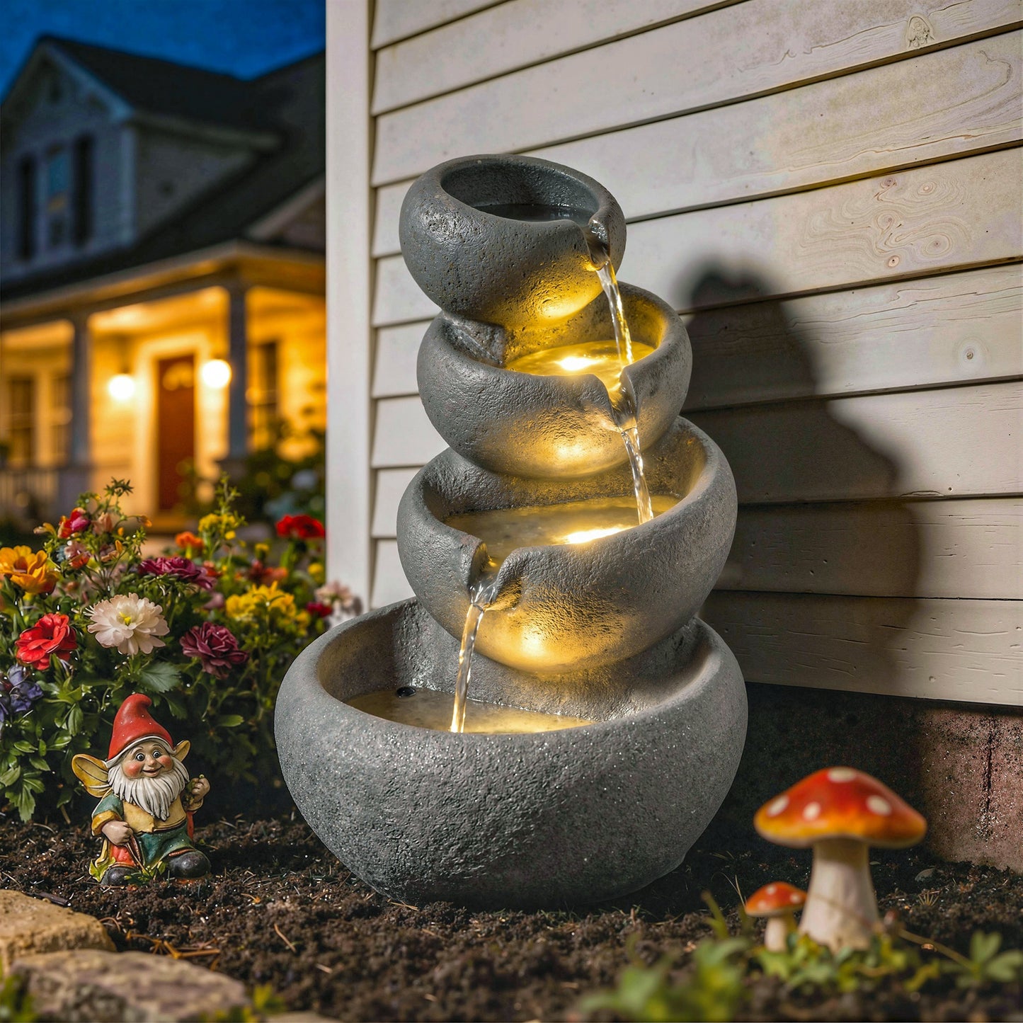 Outsunny 4 Tier Outdoor Water Fountain with LED Lights and Pump Freestanding Resin Waterfall for Patio
