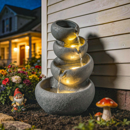 Outsunny 4 Tier Outdoor Water Fountain with LED Lights and Pump Freestanding Resin Waterfall for Patio