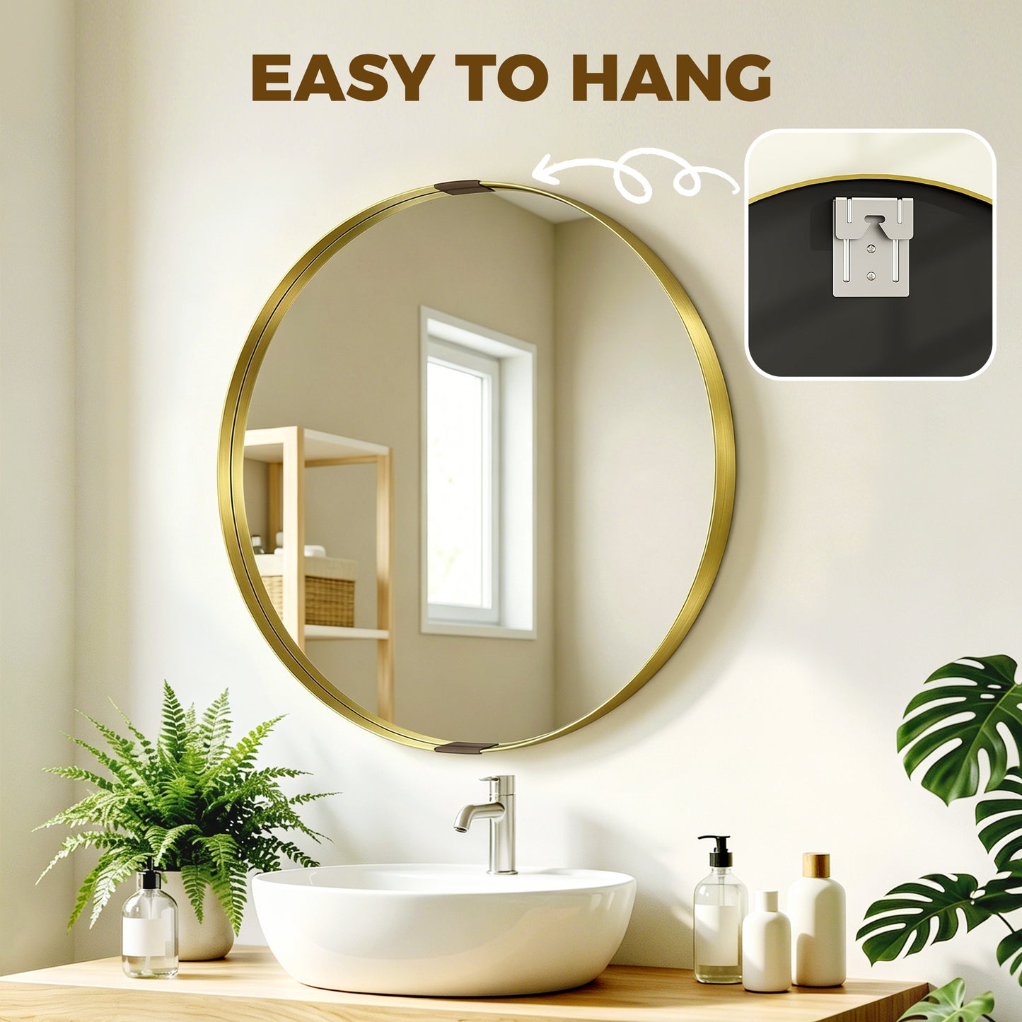 HOMCOM Round Wall Mirror 61 cm Wall Mounted Bathroom Mirror With Tempered Safety Glass And Gold Tone Aluminium Frame