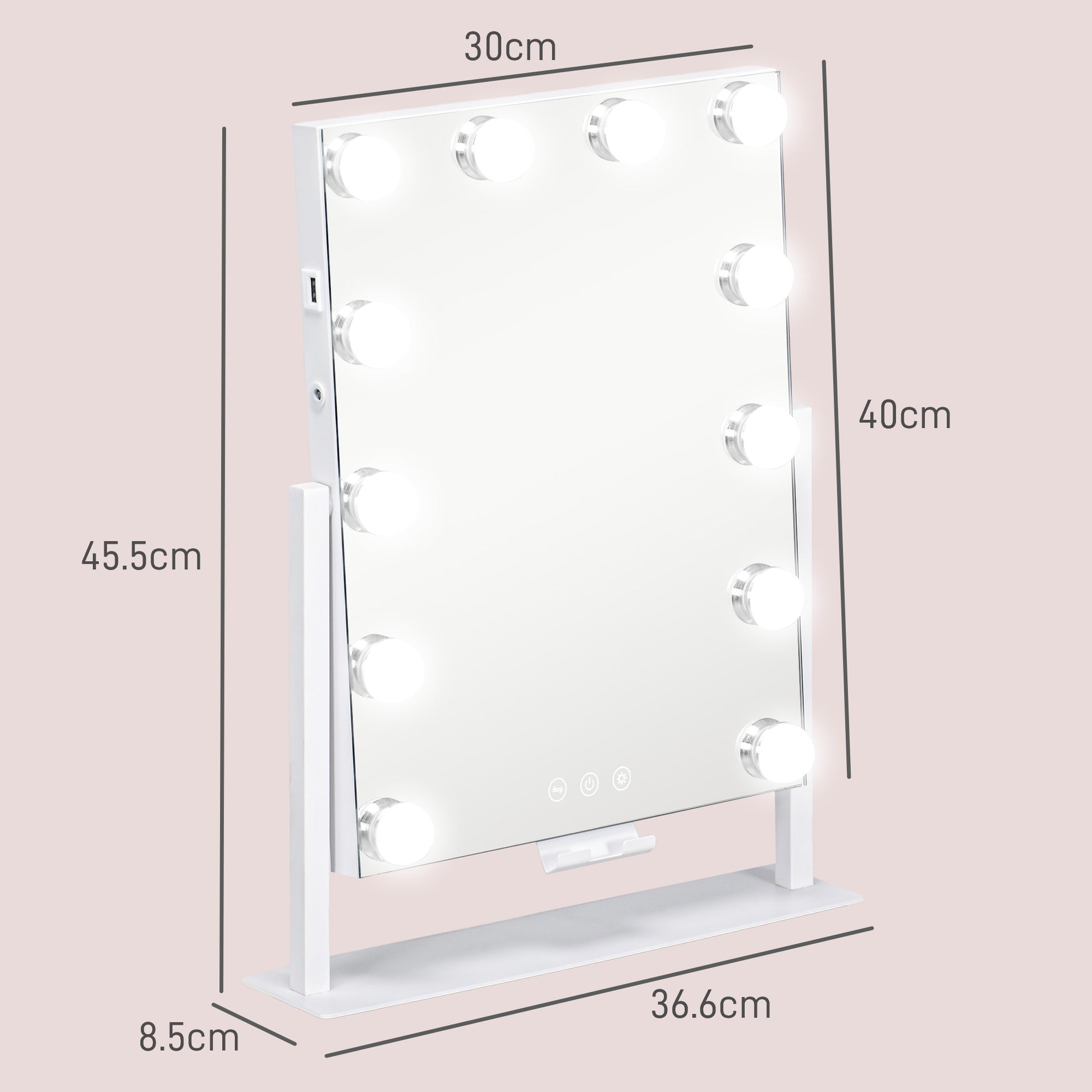 HOMCOM Lighted Makeup Mirror with Adjustable Brightness & USB Charging, 37x46 cm Hollywood Vanity Mirror - ALL4U RETAILER LTD