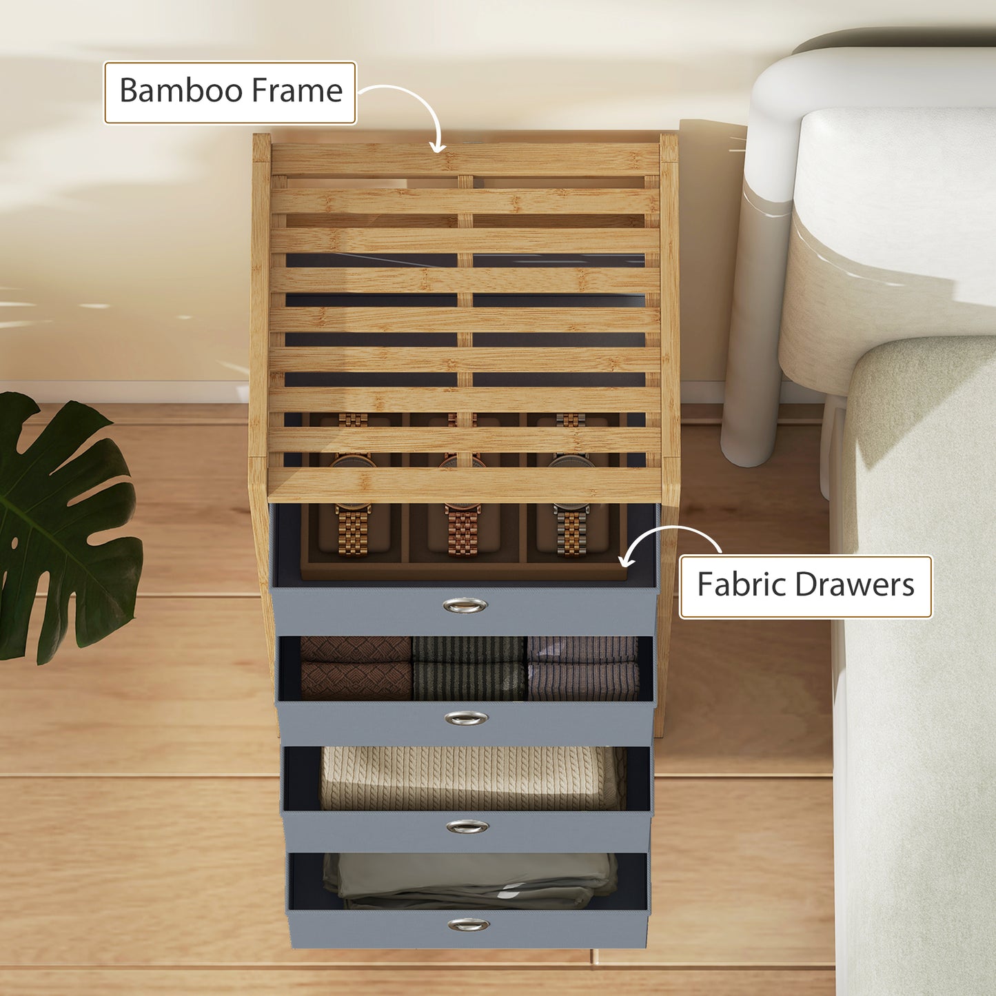 HOMCOM Chest of Drawers Narrow Dresser With Four Fabric Drawers and Bamboo Frame in Light Grey