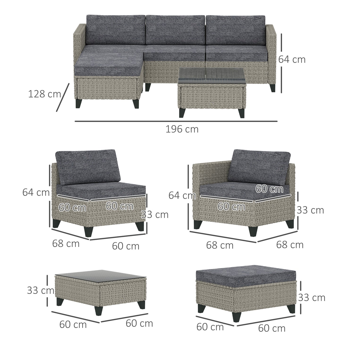 Outsunny 5 Piece Rattan Patio Furniture Set With Corner Sofa Footstools And Coffee Table For Poolside Dark Grey