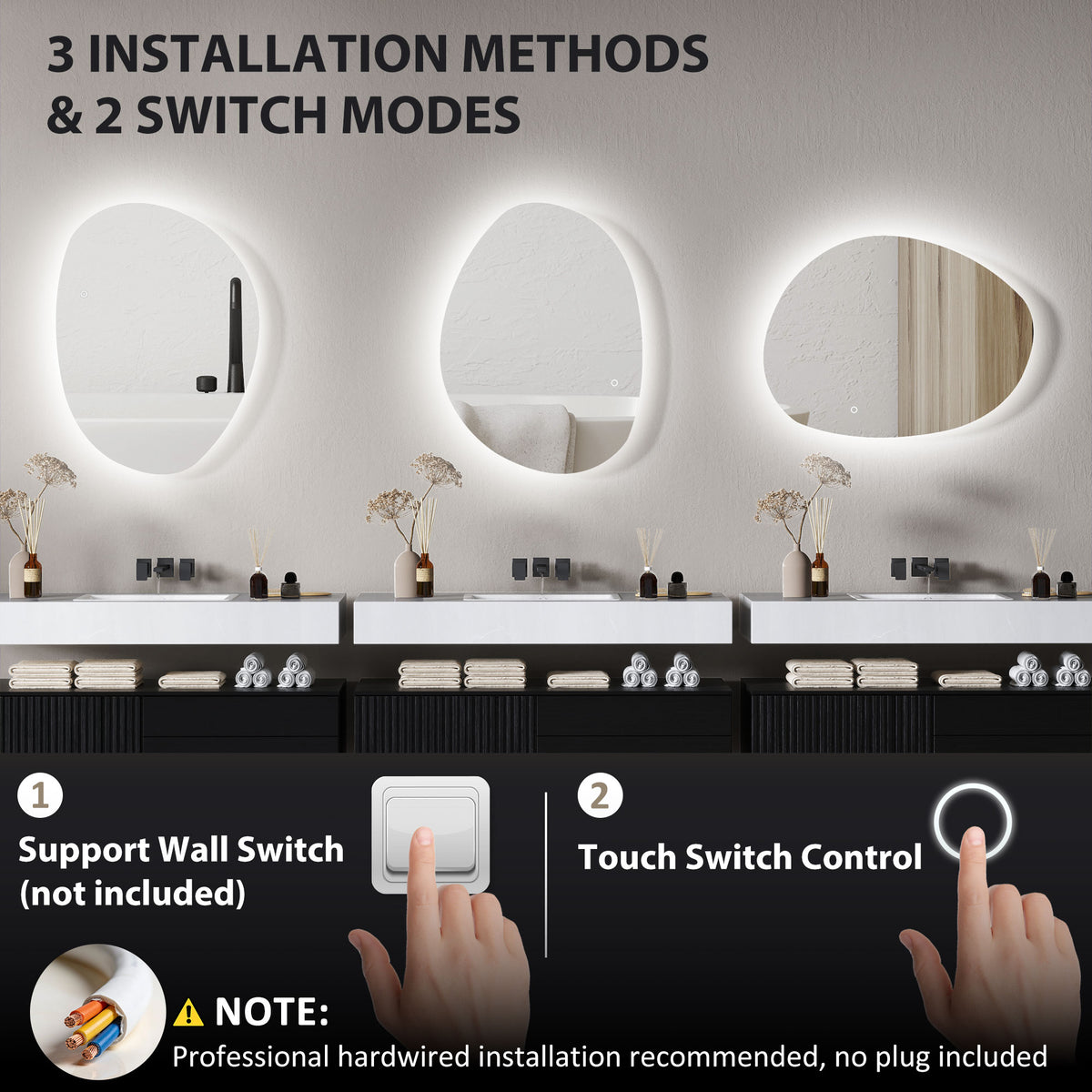 Oval LED bathroom mirror with touch control and switch options
