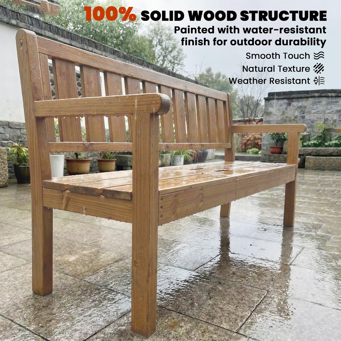 Outsunny Wooden Garden Bench With Liftable Table And Shelf Two To Three Seater Loveseat With Fir Wood Frame Teak
