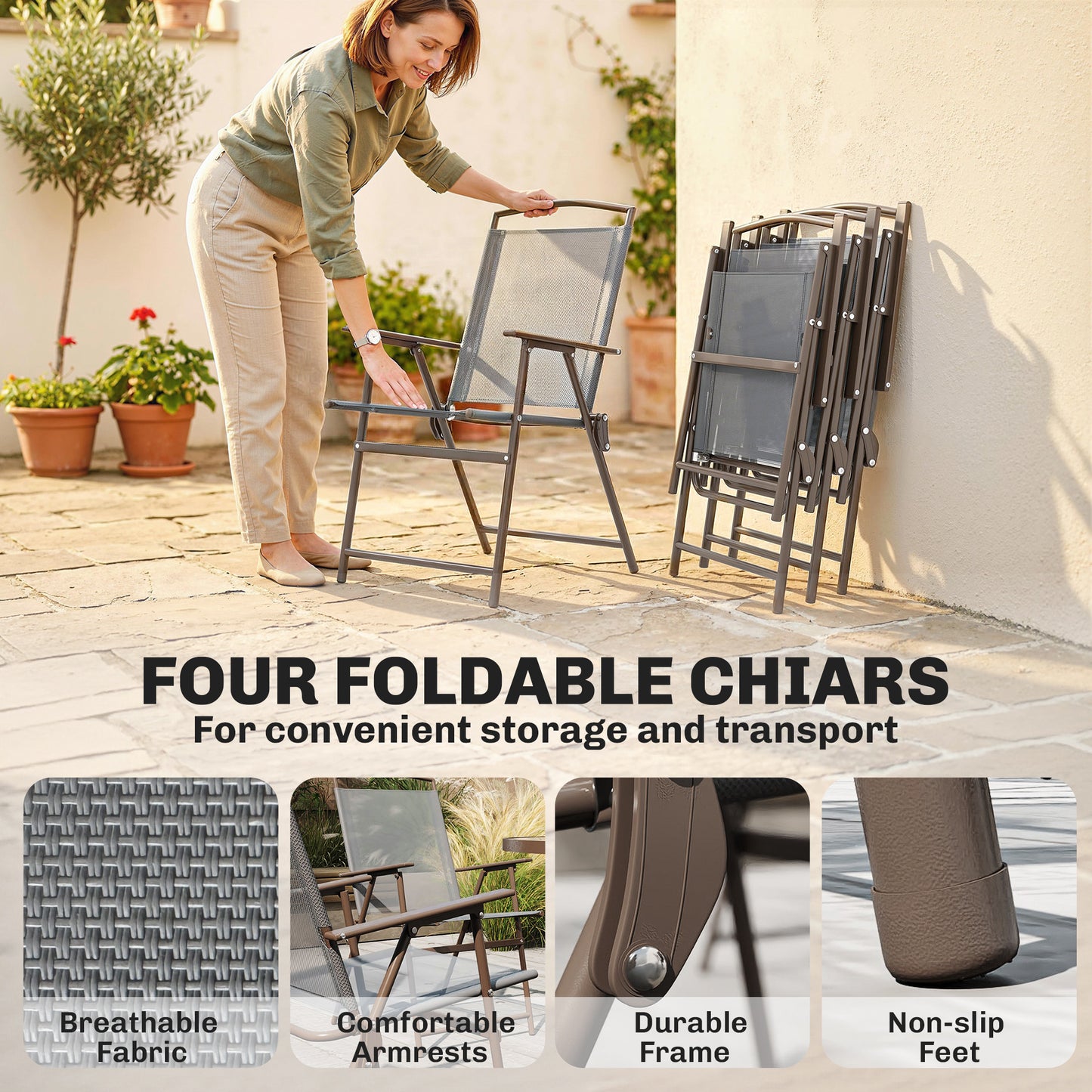 Outsunny 6 Piece Garden Dining Set With Umbrella Parasol Round Glass Table And 4 Folding Chairs In Dark Grey