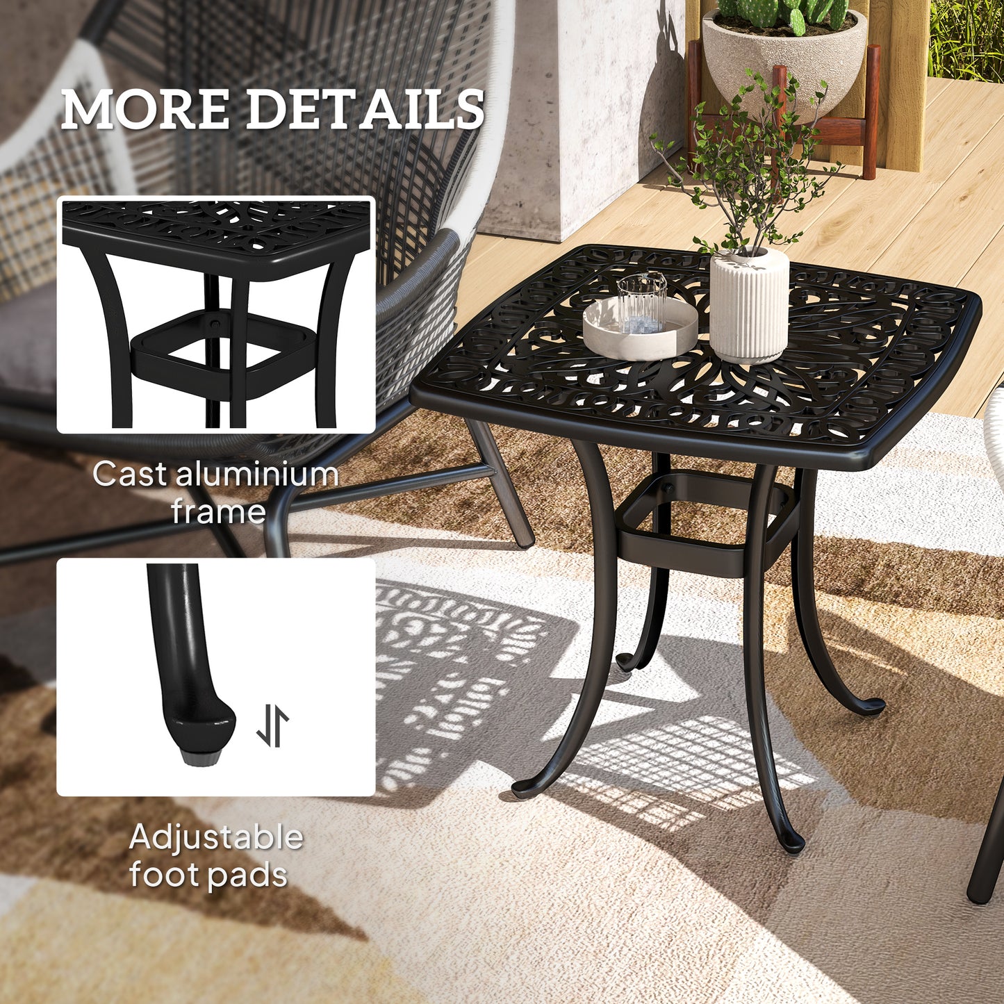 Outsunny Outdoor Cast Aluminium Square End Table With Umbrella Hole And Anti Slip Foot Pads 54x54 cm Black