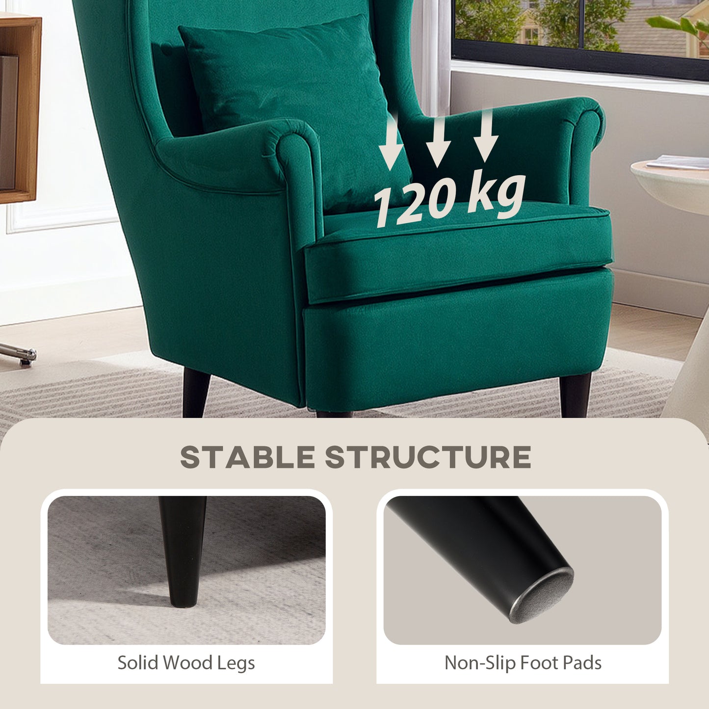 HOMCOM Modern Accent Chair With High Back Wingback Design Velvet Feel Upholstery Green Solid Wood Legs