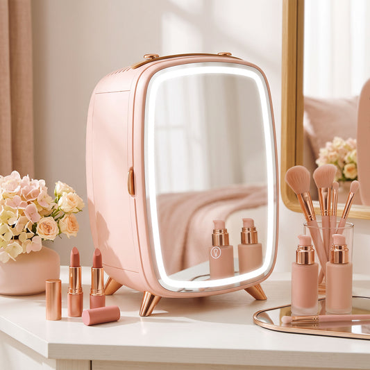 Pink mini cosmetic fridge with LED touch mirror, front open and gold-toned accents