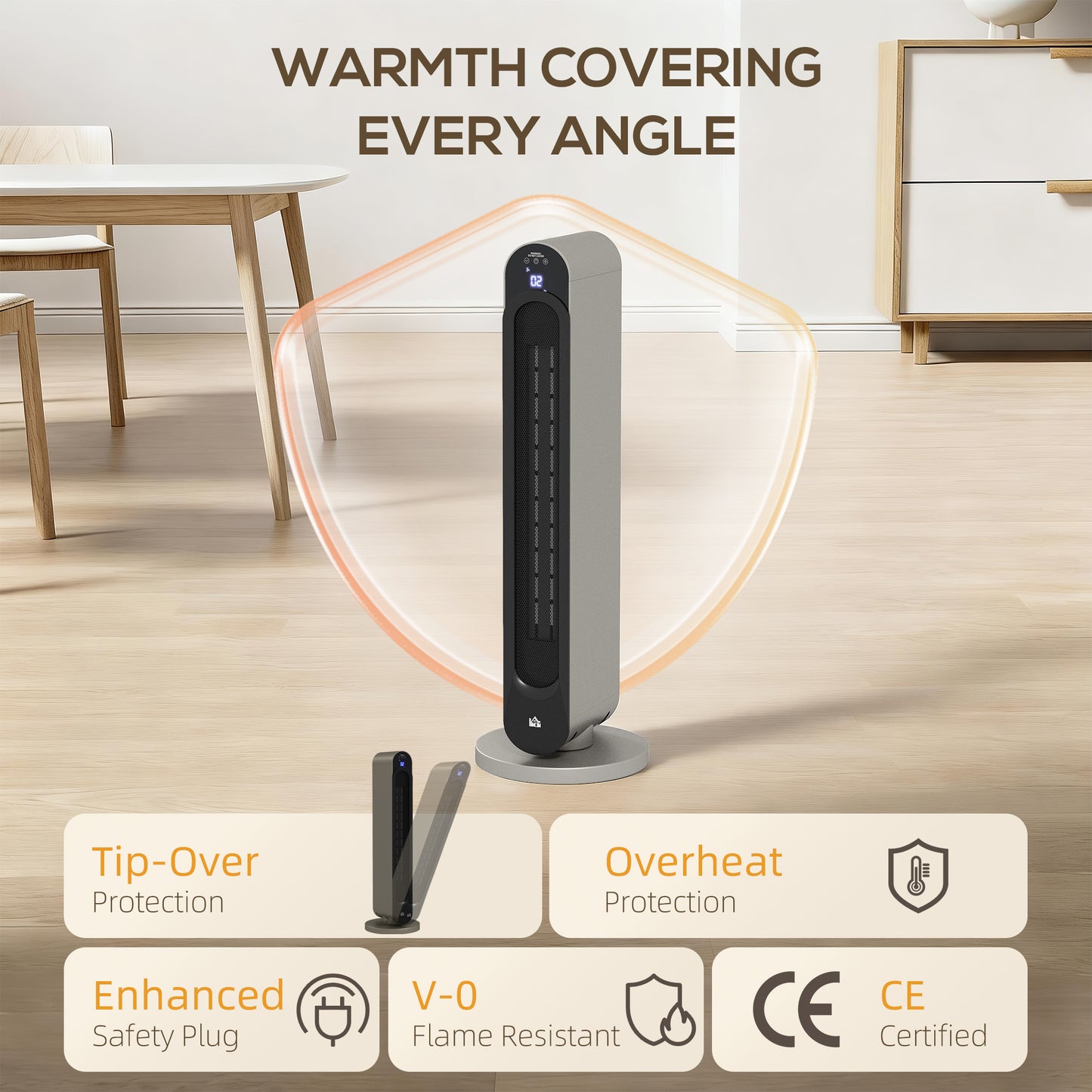 HOMCOM 2kW PTC Ceramic Tower Heater with Remote LED Display 10 to 35 C Temperature Range