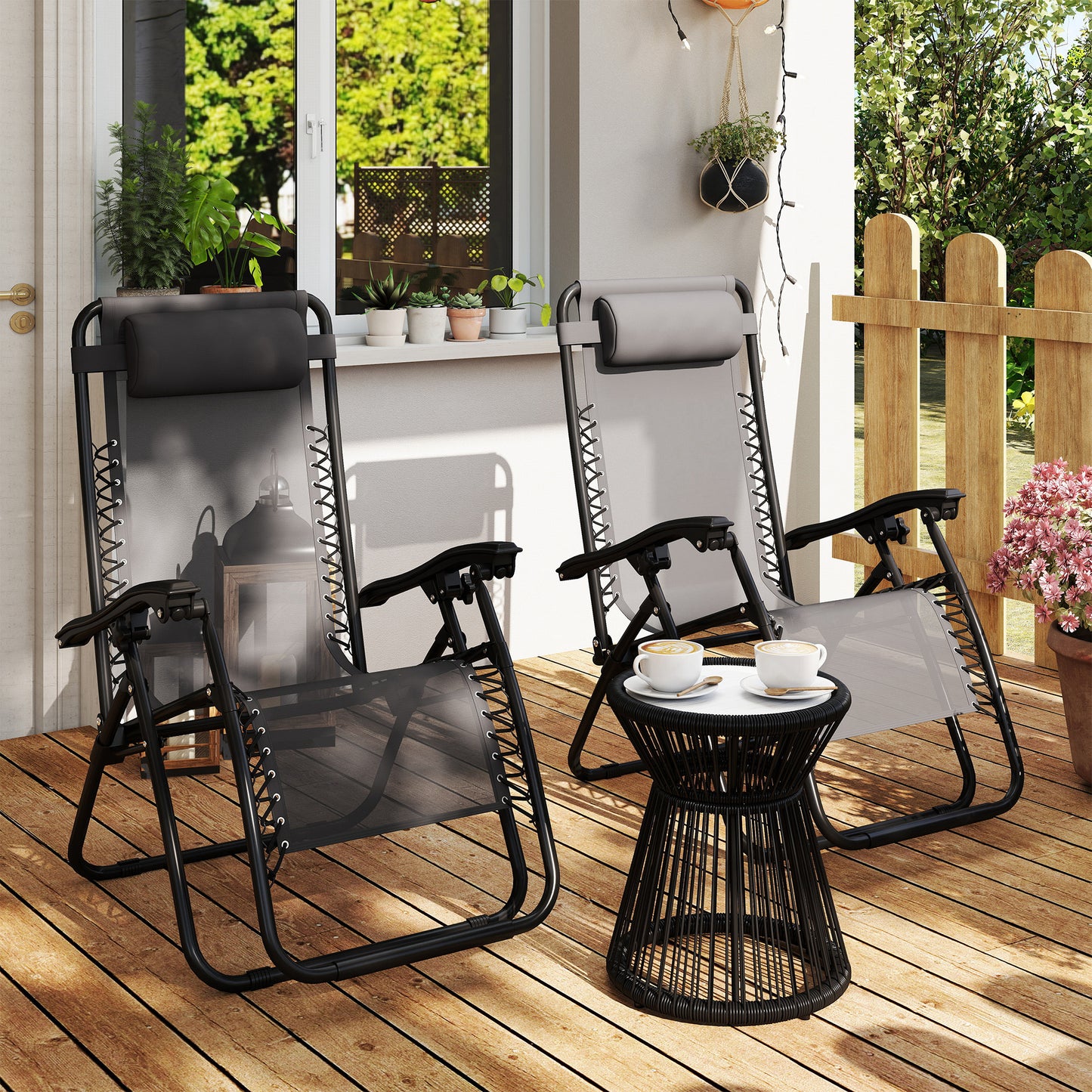 Outsunny Zero Gravity Chair Set Of 2 With Metal Frame Texteline Loungers For Patio Deck Garden Camping Grey