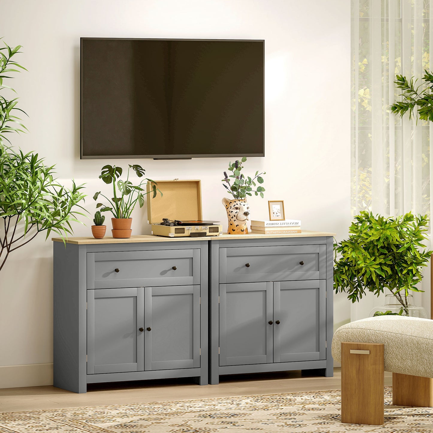 HOMCOM Sideboard Storage Cabinet With Adjustable Shelf Drawer And Double Doors Grey For Living Room Dining Room Hallway