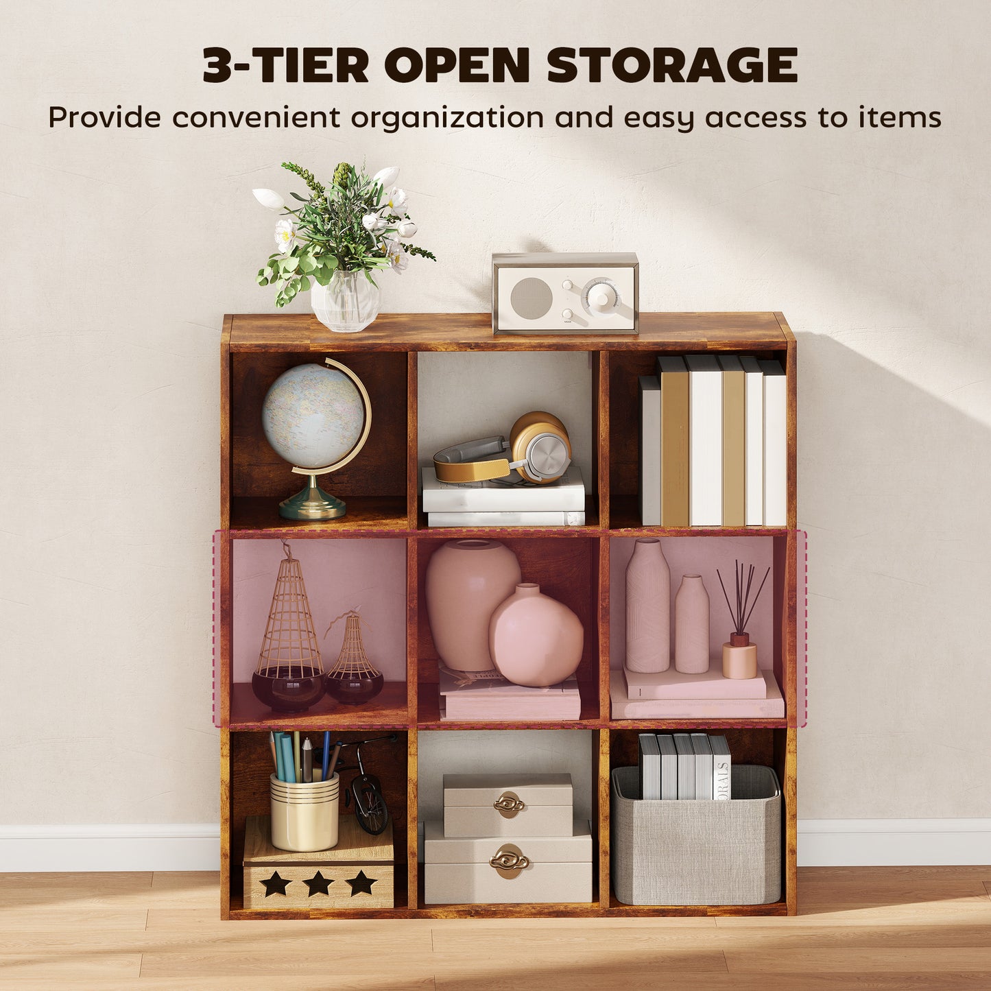HOMCOM 3 Tier 9 Cube Storage Unit Rustic Brown Particle Board Bookcase Organizer For Home Office Shelves