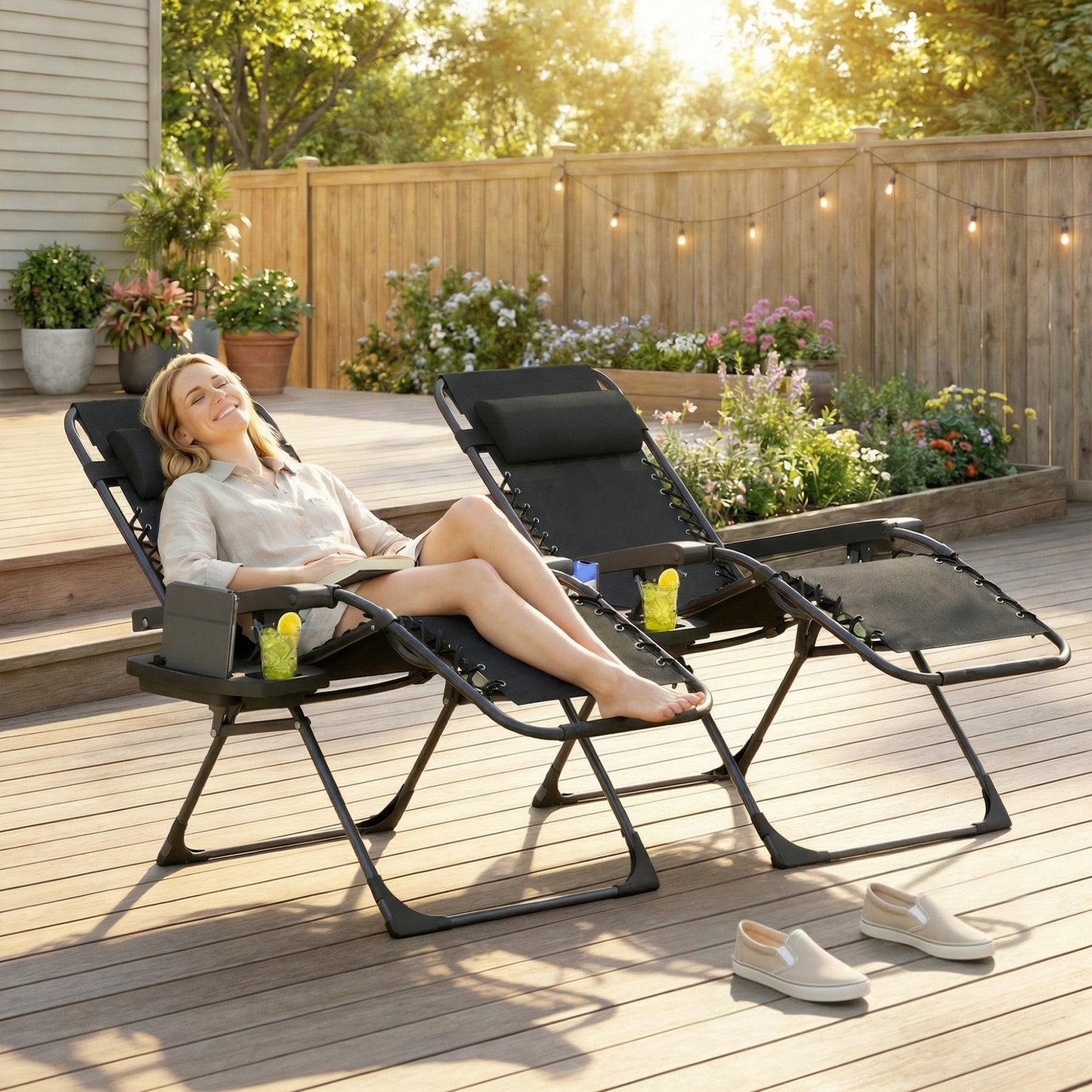 Outsunny Zero Gravity Chairs Set of 2 Folding Sunloungers Reclining Garden Chairs with Cup Holder and Headrest Black