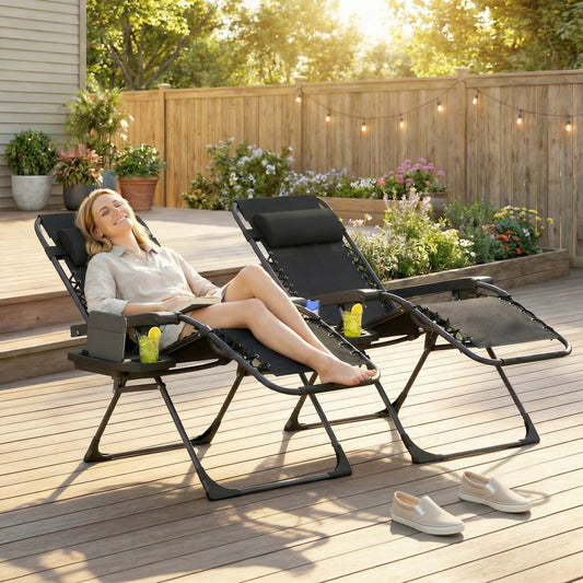 Outsunny Zero Gravity Chairs Set of 2 Folding Sunloungers Reclining Garden Chairs with Cup Holder and Headrest Black