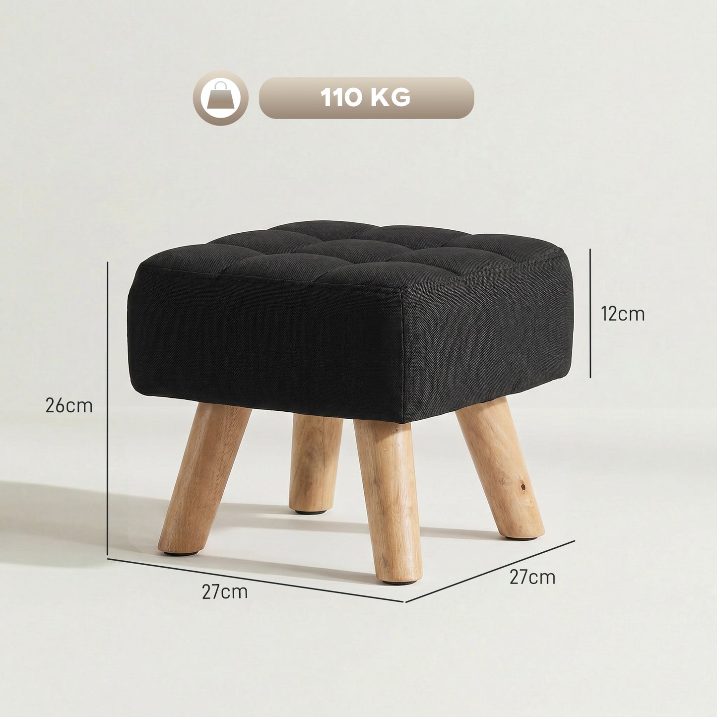 HOMCOM Linen Look Square Padded Footstool With Tufted Top And Wooden Legs For Comfort Black