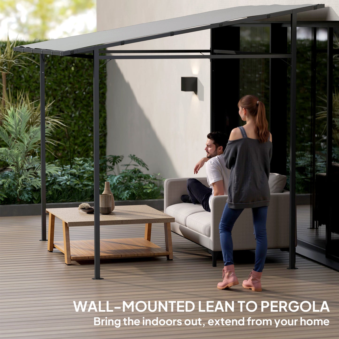 Outsunny 2.4 by 2.4 m Wall Mounted Pergola Gazebo with PA Coated Fabric and UPF 30 Metal Frame Lean To Light Grey