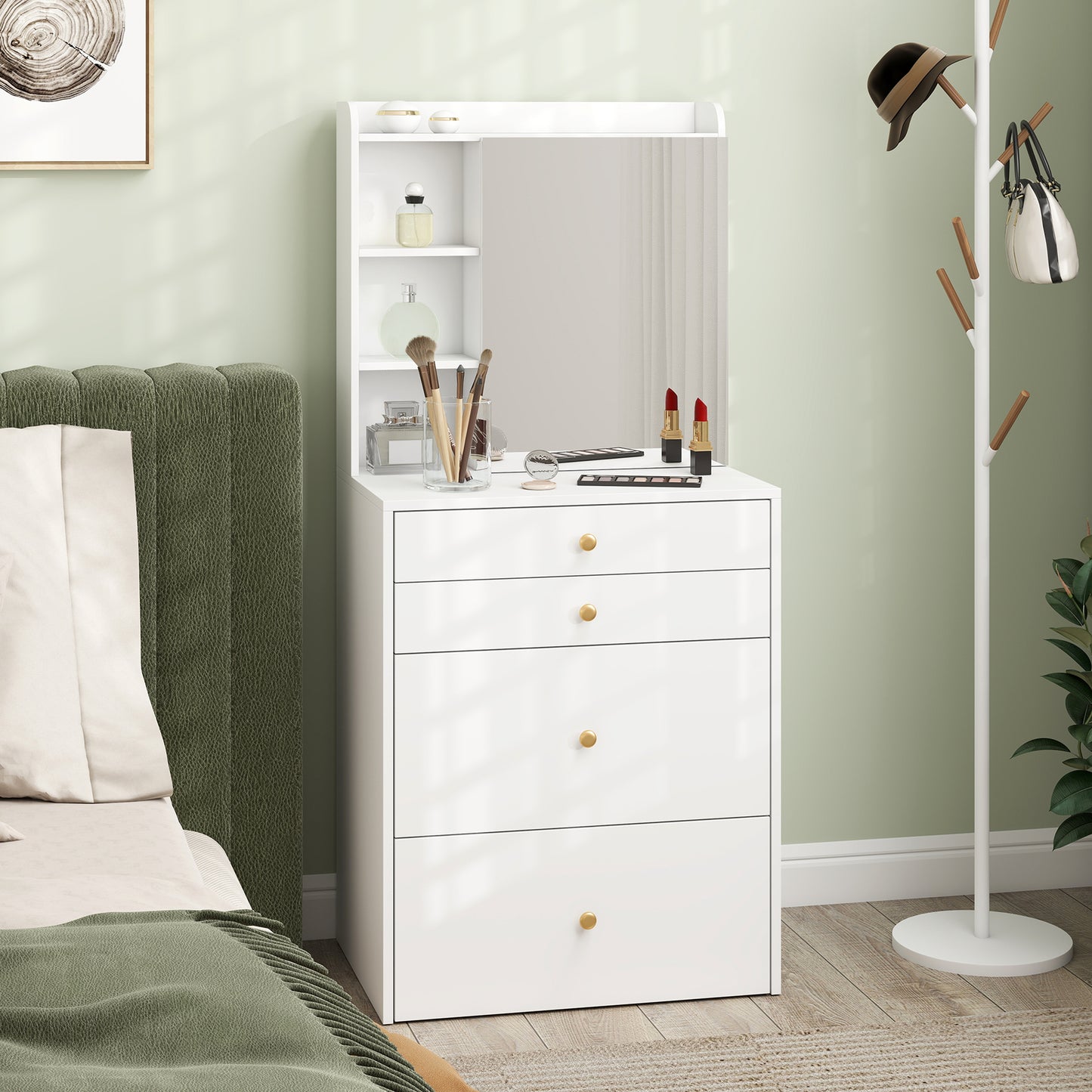 HOMCOM Dressing Table With Mirror And Storage Stool Compact Vanity Table With Cabinet Drawers And Open Shelves White