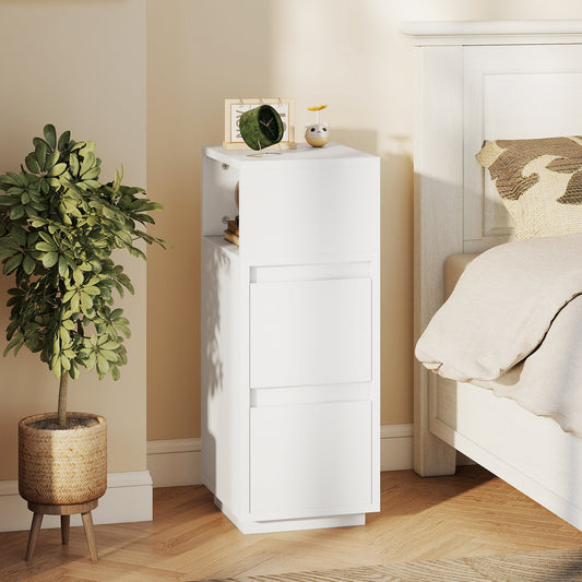 HOMCOM Slim Bedside Table With Open Shelf And Two Drawers For Bedroom And Living Room White