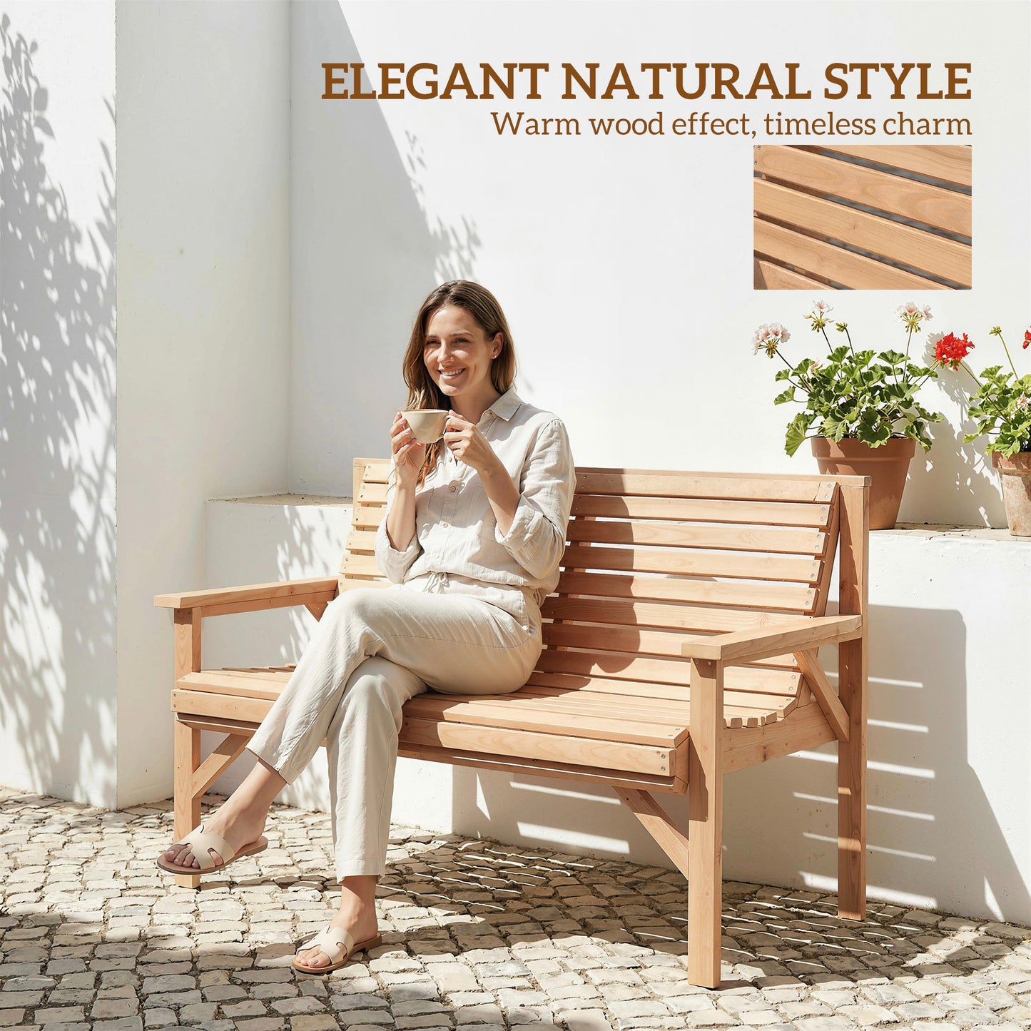 Outsunny 2 Seater Slatted Wooden Garden Bench With Armrests And Backrest For Outdoor Patio Balcony Indoor Use