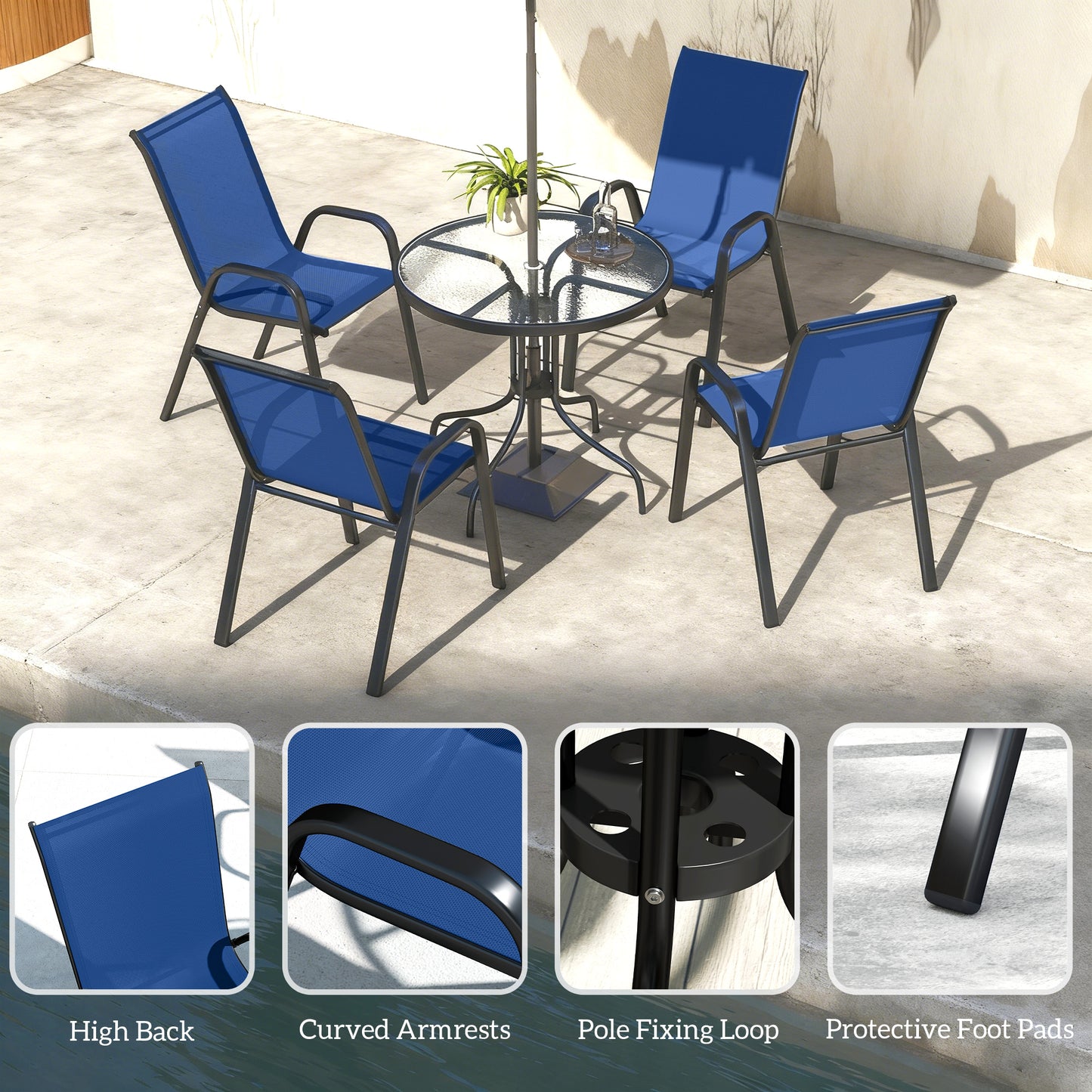Outsunny Five Piece Steel Patio Set With Glass Top Table And Stackable Chairs Dark Blue