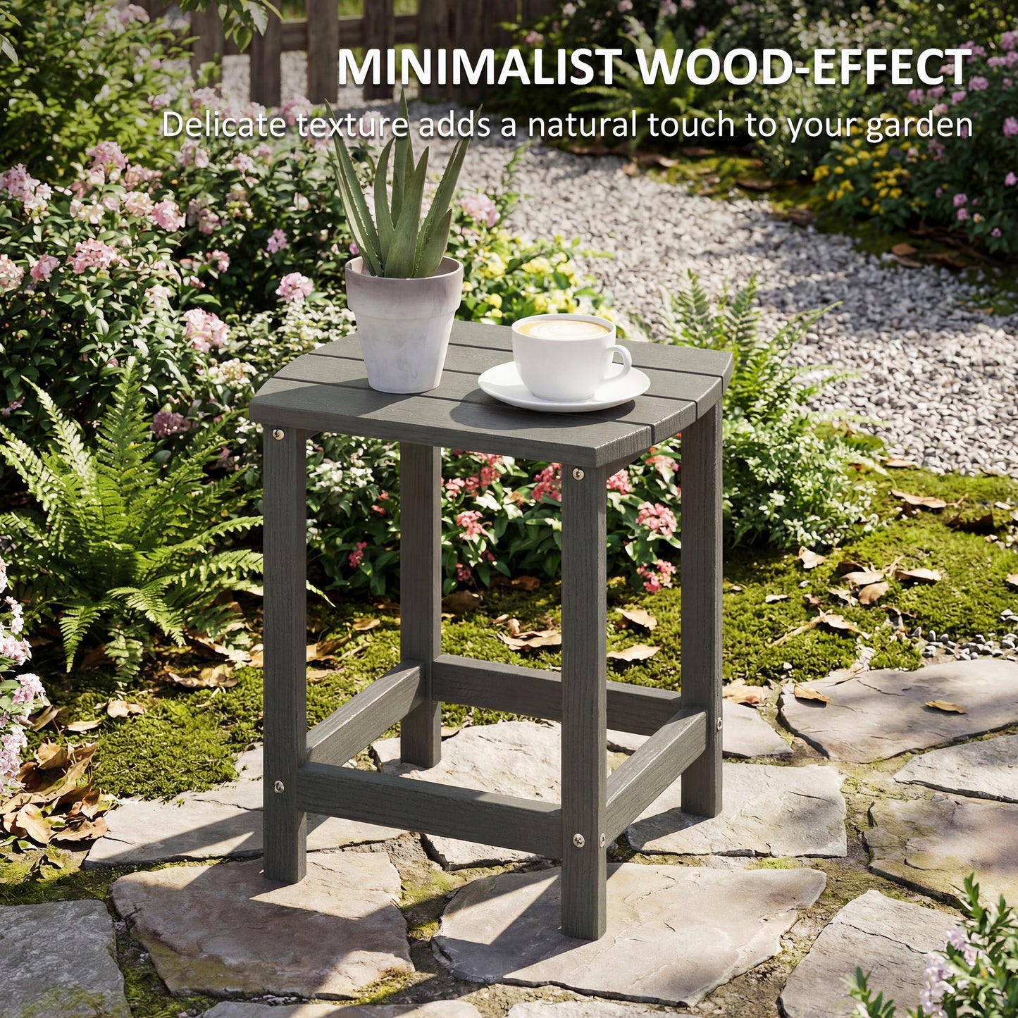 Outsunny All Weather HDPE Garden Side Table With Wood Effect Texture For Indoor Outdoor Patio Grey