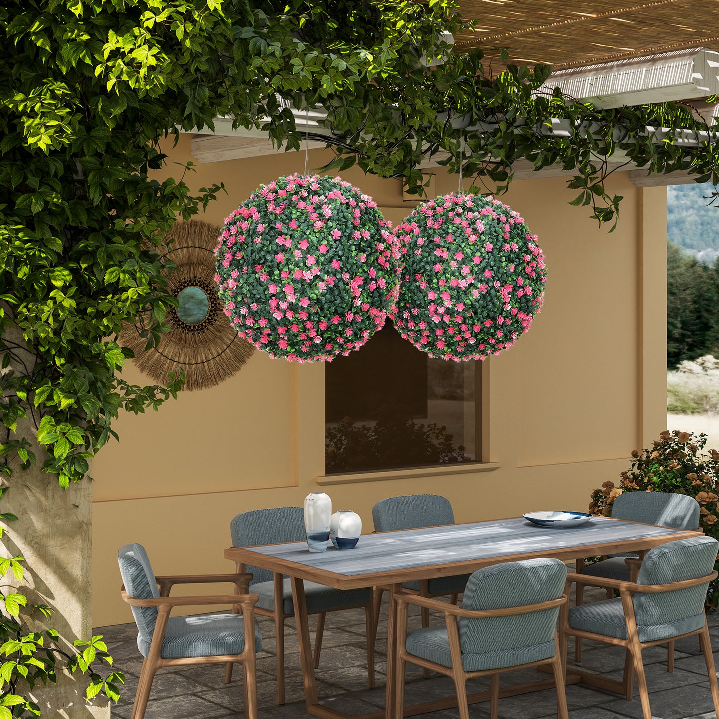 HOMCOM Set Of Two Pink Artificial Boxwood Balls For Home Decor Durable Plastic Indoor Outdoor Plants
