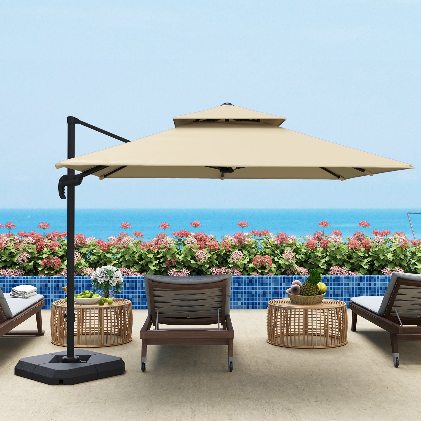 Outsunny 2.7m Cantilever Parasol Aluminium Frame Crank Tilt 360 Rotation Garden Umbrella With Base And Cover Khaki
