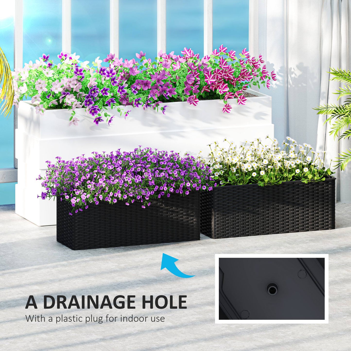 Outsunny Set of Two Rattan Effect Planters Black With Hooks For Balcony Railings And Outdoor Garden Decor