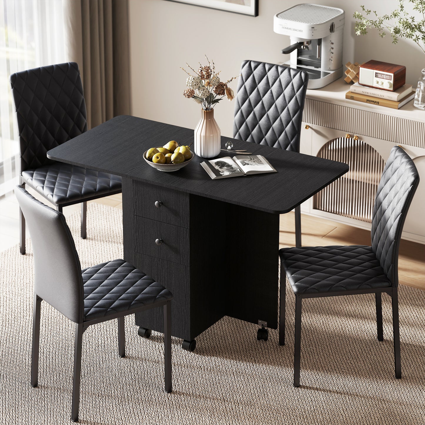 HOMCOM Folding Drop Leaf Dining Table Set With Storage And Four Chairs In Black Finish