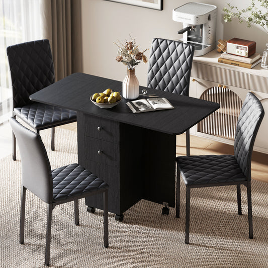 HOMCOM Folding Drop Leaf Dining Table Set With Storage And Four Chairs In Black Finish