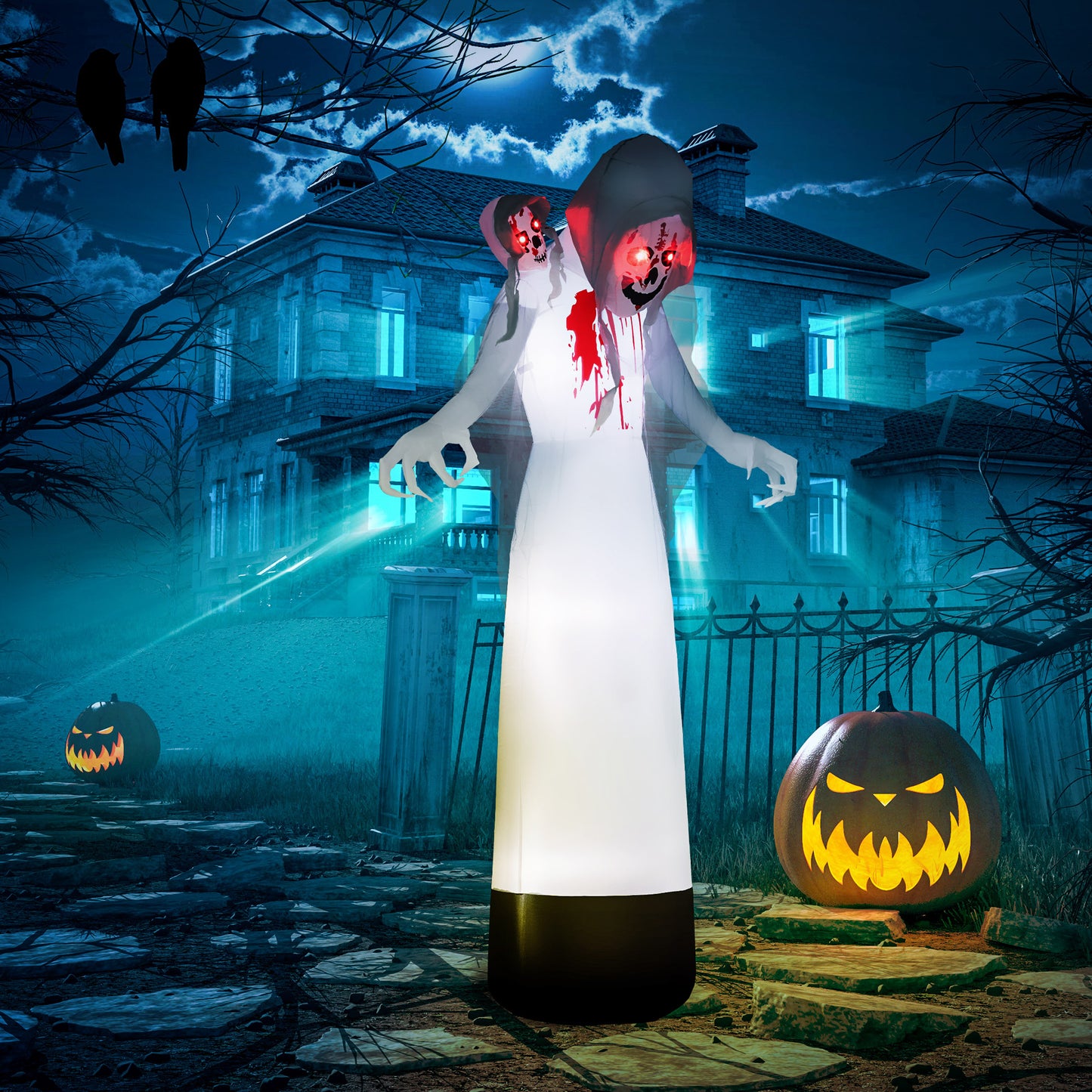 HOMCOM 8.9FT Inflatable Three-Head Witch Ghost with LED Lights - Outdoor Halloween Decoration - ALL4U RETAILER LTD