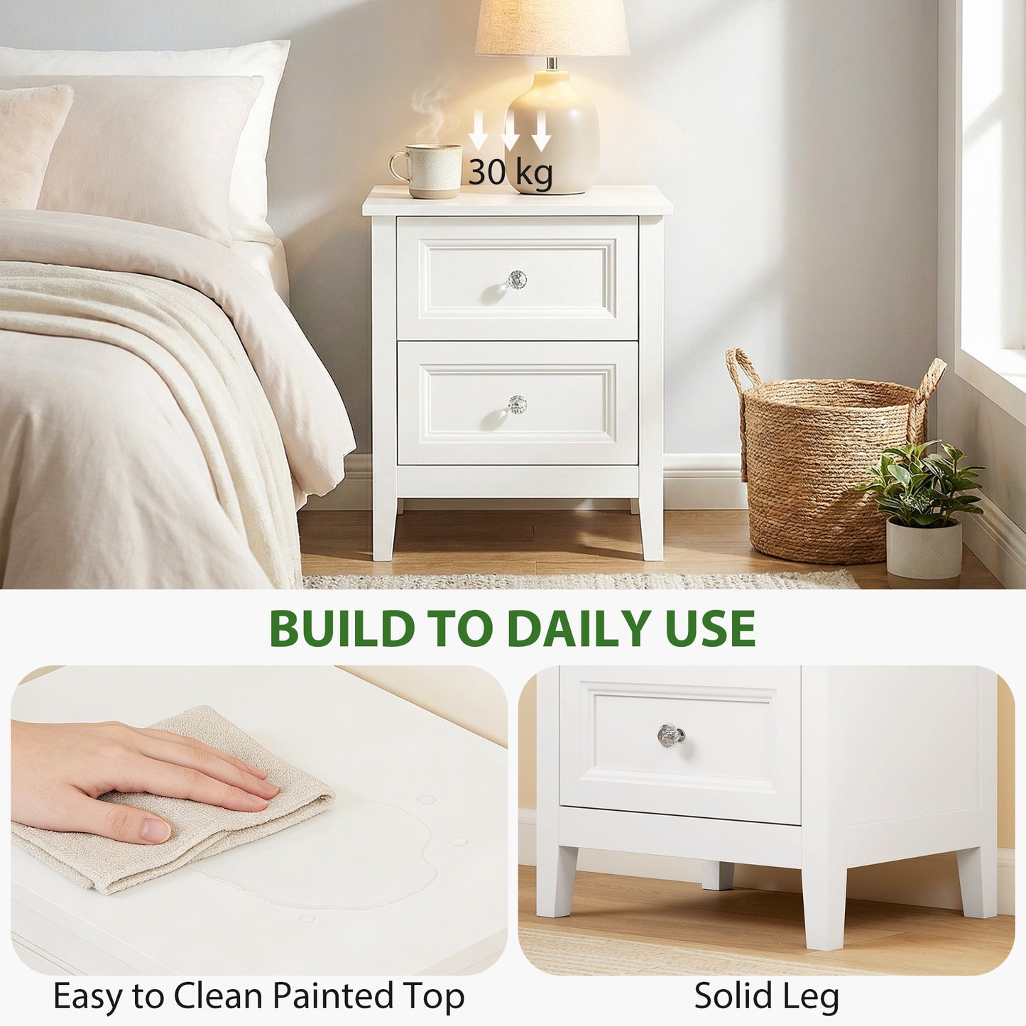 HOMCOM Nightstand With 2 Drawers Modern Bedside Table White MDF Frame Crystal Handles For Bedroom Living Room