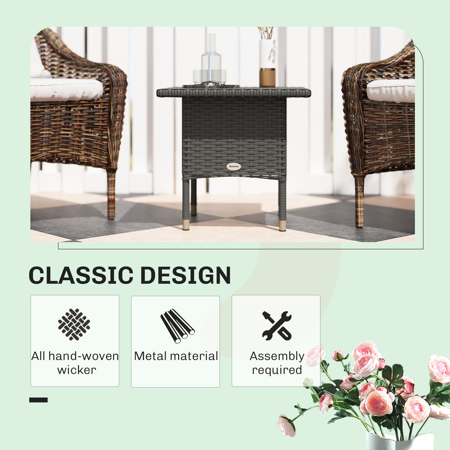 Outsunny Rattan Side Table Outdoor Coffee Table With Full Woven Top And Plastic Board Underneath For Patio Garden Grey