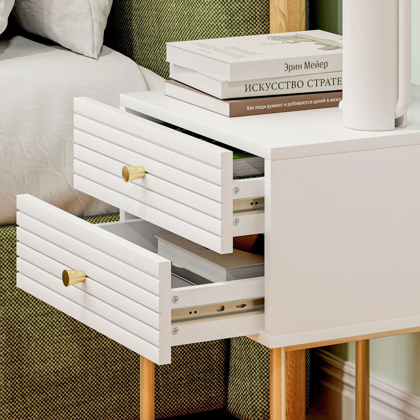 HOMCOM Set of Two Elegant Bedside Tables White and Gold Tone Finish with Two Drawers Nightstands