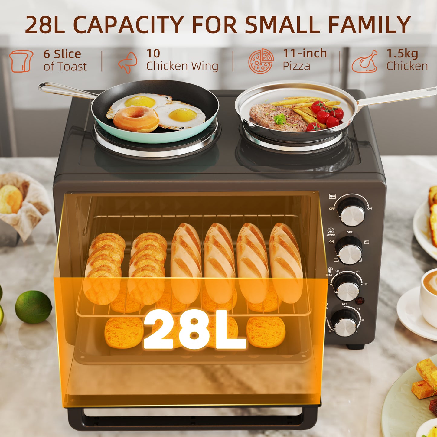 HOMCOM 28L Mini Oven With Dual Hot Plates 2600W Countertop Toaster Oven Grill Bake Roast Boil