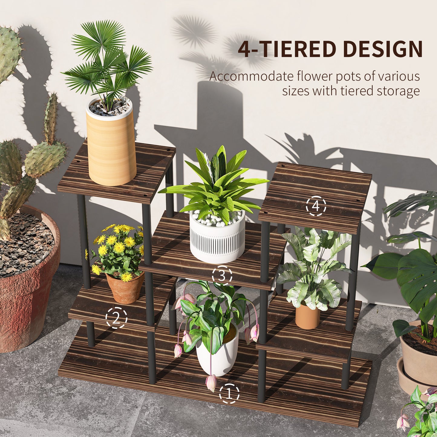 Outsunny Four Tier Wooden Plant Stand With Metal Frame For Indoor Plants And Shelving