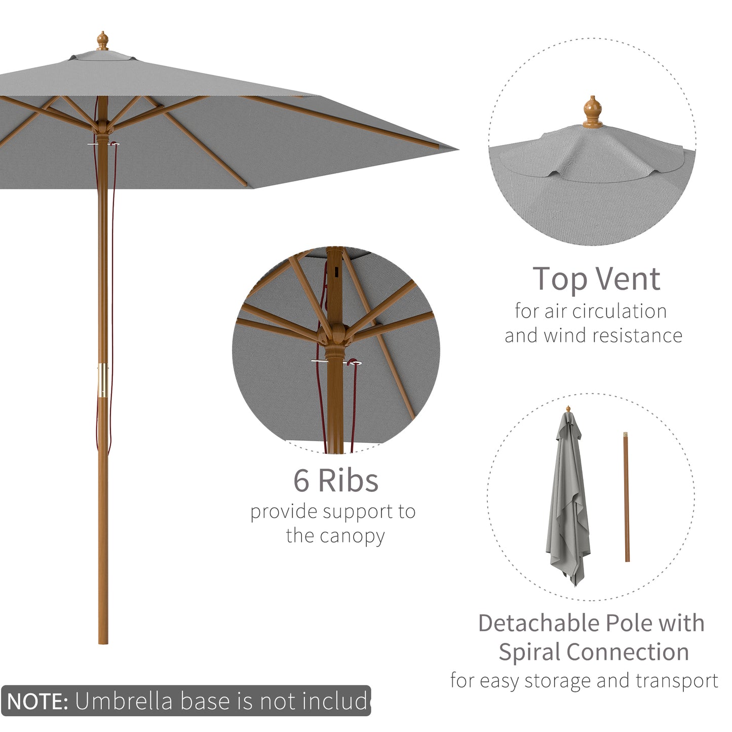 Outsunny 2.5m Wood Garden Parasol Patio Outdoor Umbrella With Vent 38mm Pole Light Grey Rope Pulley Mechanism