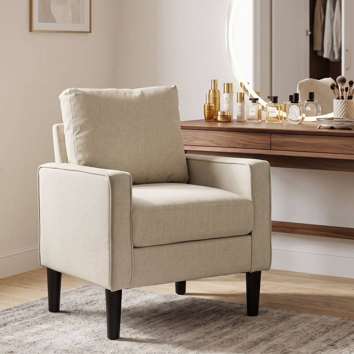 Cream linen accent chair with removable pillow and cushioned armrests