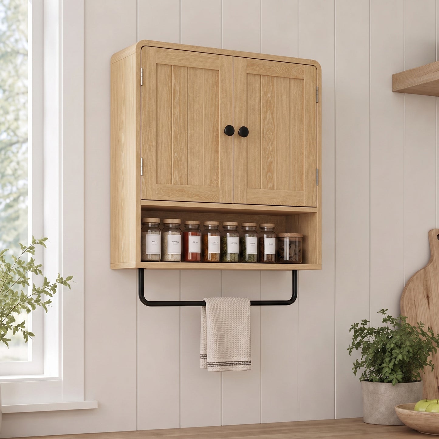 HOMCOM Oak Finish Wall Mounted Bathroom Cabinet With Two Doors And Adjustable Shelf Storage