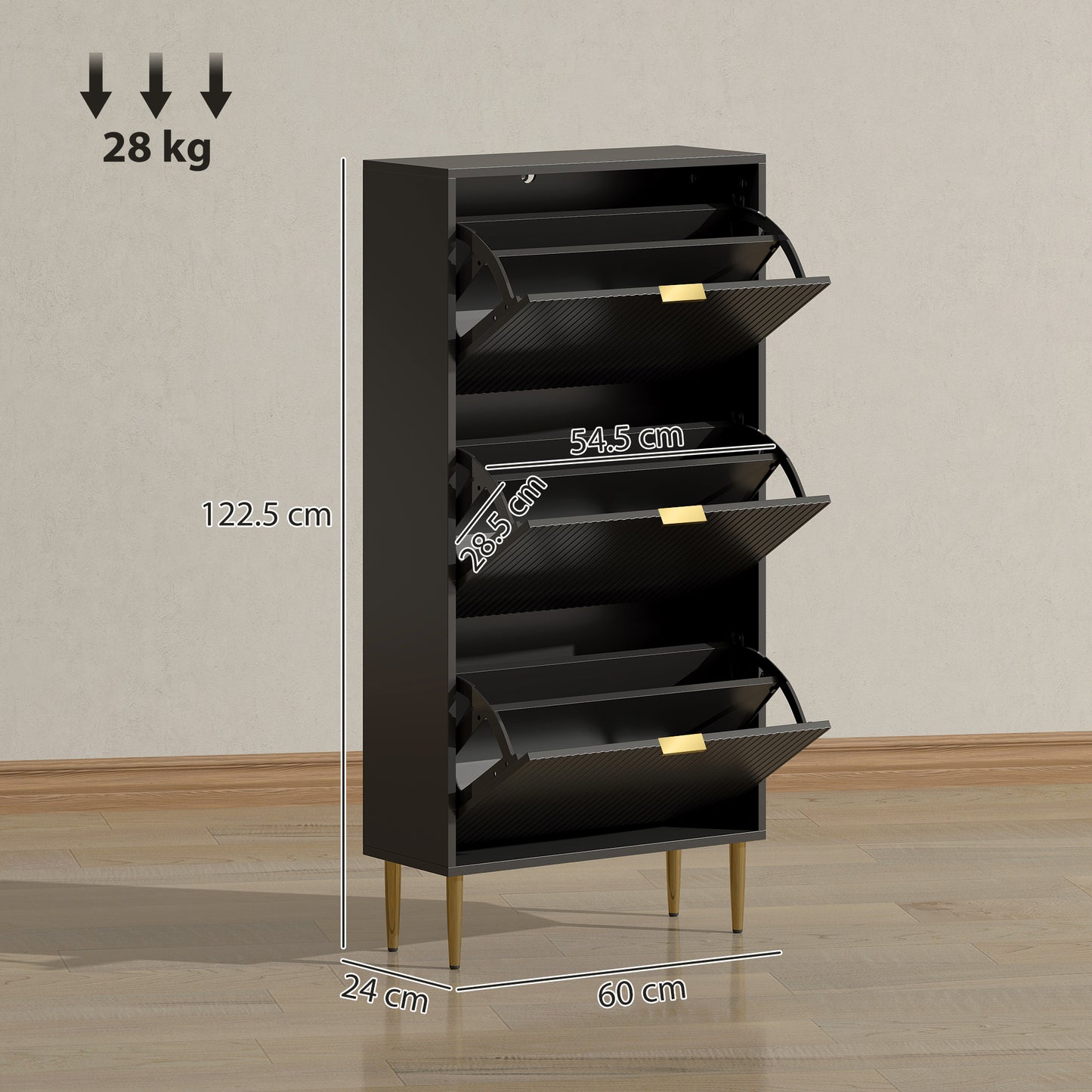 HOMCOM Elegant White Three Drawer Shoe Cabinet With Gold Accents Holds 9 To 18 Pairs And Adjustable Shelves