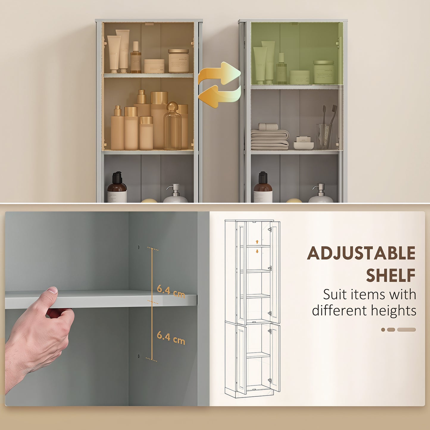 HOMCOM Tall Bathroom Storage Cabinet 6 Tier Slim Cabinet With Adjustable Shelf And Soft Close Doors Dusty Blue