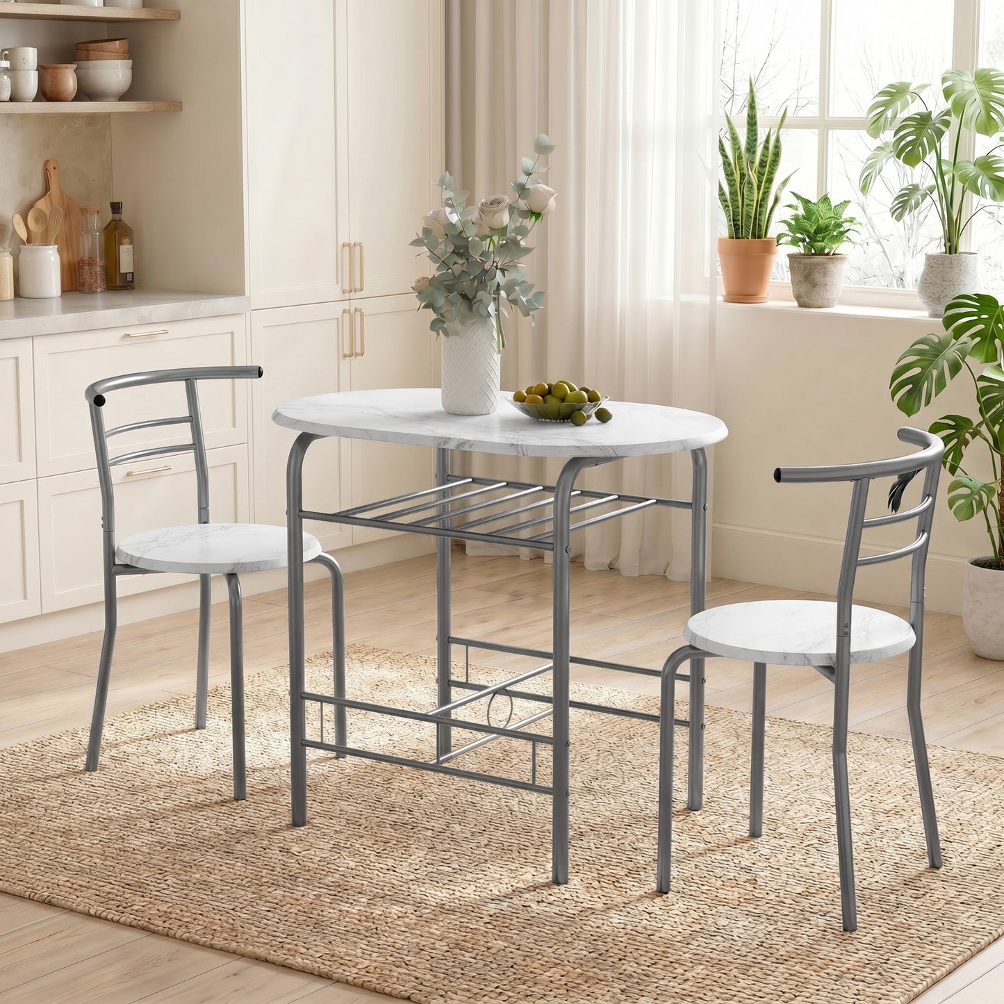 HOMCOM White Marble Effect Three Piece Compact Dining Set With Two Chairs And Table Shelf