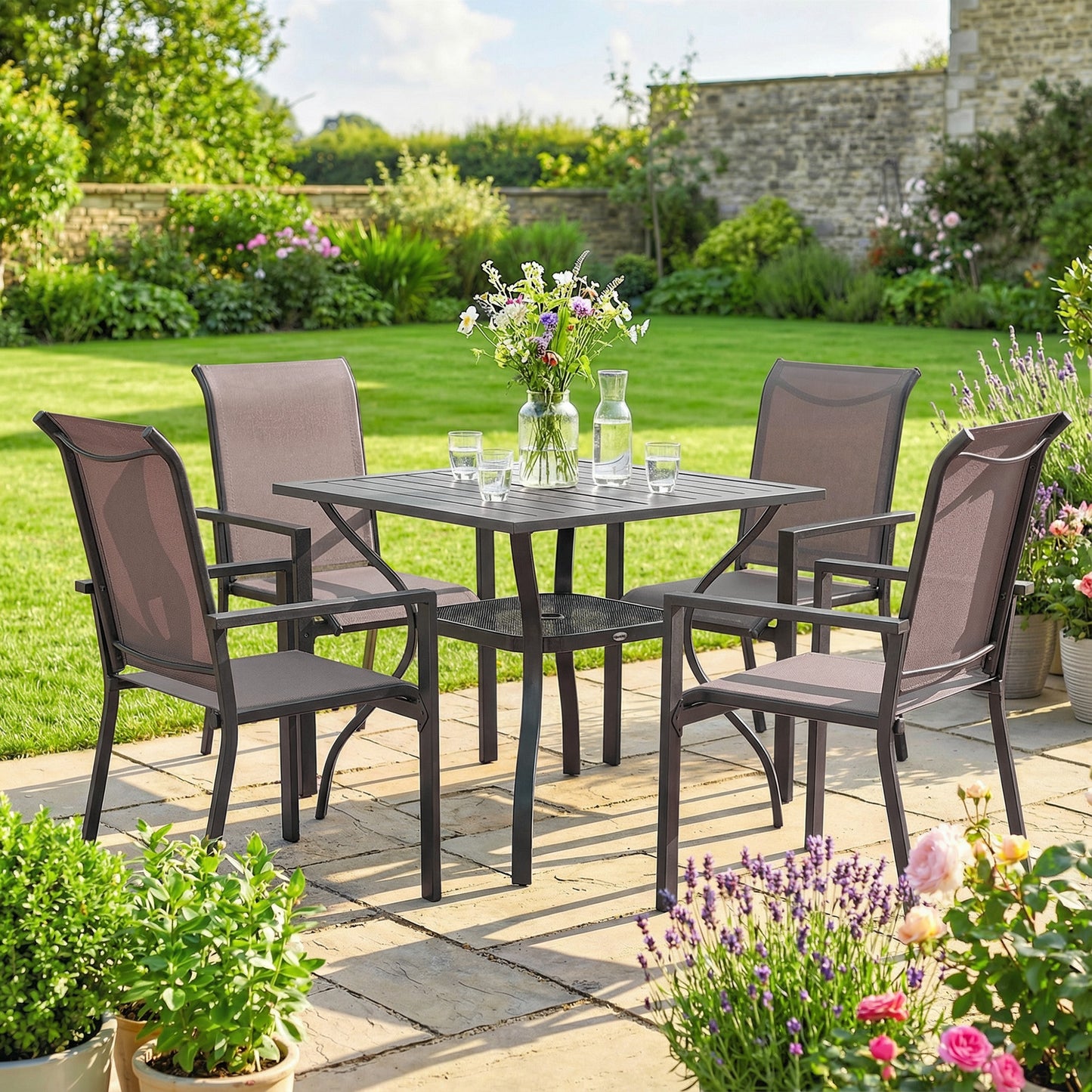 Outsunny 5 Piece Outdoor Dining Set For 4 With Garden Table And Stackable Chairs Breathable Mesh Seats Grey And Khaki