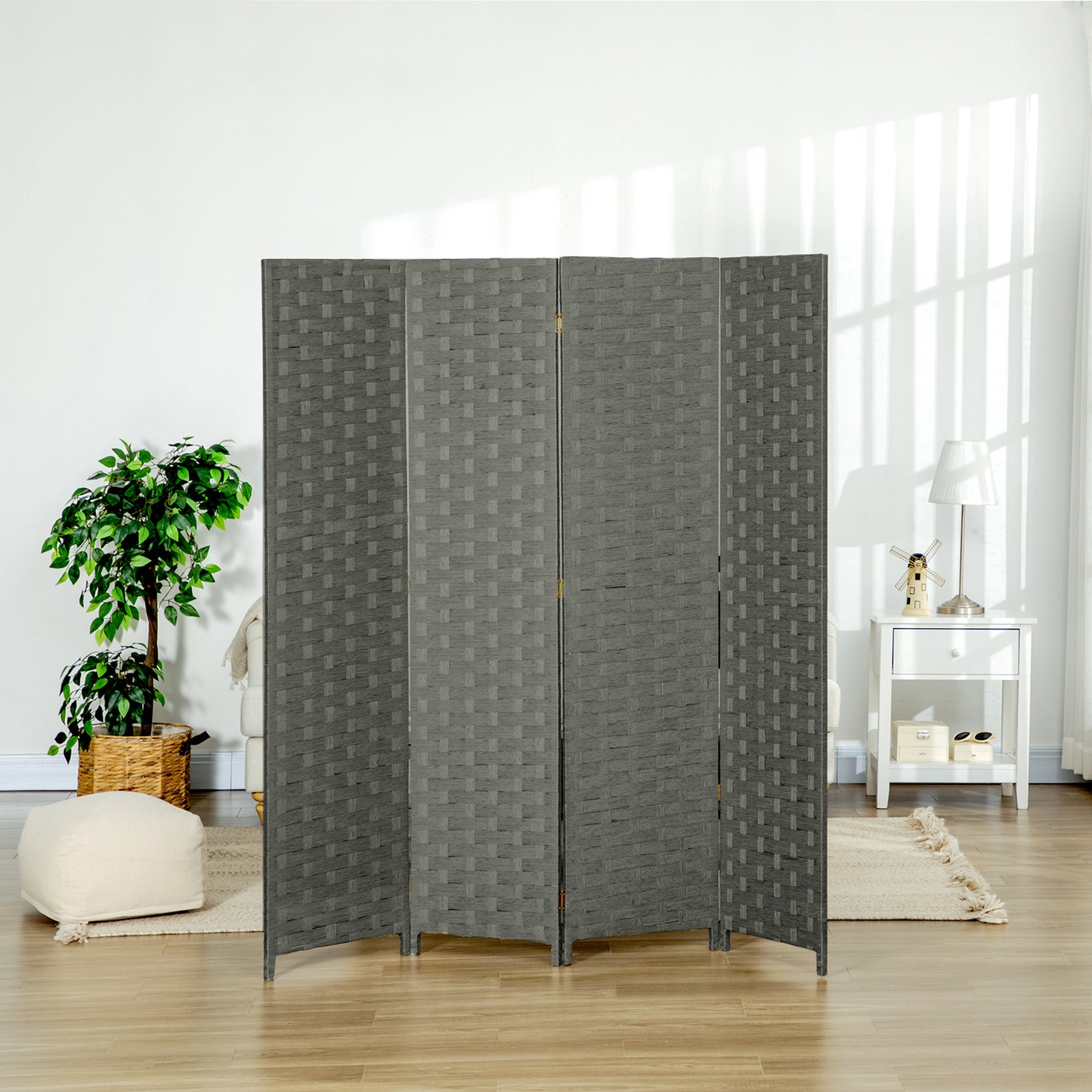 HOMCOM Freestanding 4-Panel Wicker Room Divider Screen - Stylish Privacy Partition for Home and Office Use - ALL4U RETAILER LTD