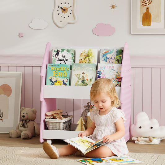 AIYAPLAY Double Sided Kids Bookcase With Toy Storage On Wheels 3 Tier Pink Bedroom Organizer